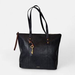  ✨ Fossil Jenna Black Pebbled Leather Tol Zip Tote Bag - EUC